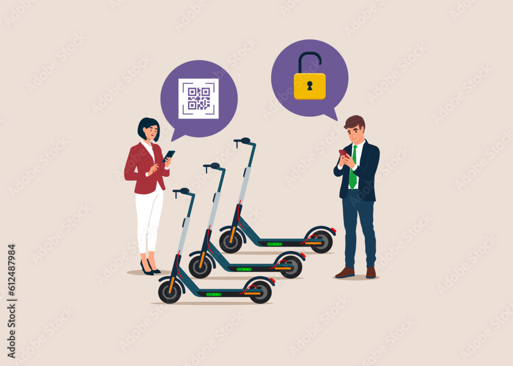 Urban e-scooter rental. People with mobile phone using QR code electric ...