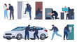A set of scenes with various robbers and various criminal acts. Criminals in black dark clothes are doing illegal activities. Vector illustration