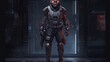 © Damian Sobczyk - Illustrate a rugged cybernetic mercenary equipped with advanced weaponry, augmented limbs, and a sleek exosuit, ready for a high risk mission in a cyberpunk city