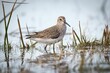 Closeup of a wandering tattler (Tringa incana) resting in waters of a pond on the blurred background