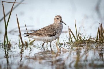 Sticker - Closeup of a wandering tattler (Tringa incana) resting in waters of a pond on the blurred background