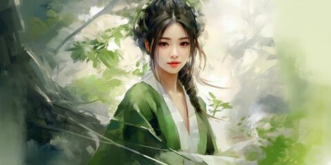 Wall Mural - Double exposure portrait of young asian woman with a plants and leaves. Colorful creative watercolor illustration. Generative Ai