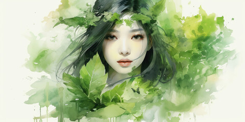 Canvas Print - Double exposure portrait of young asian woman with a plants and leaves. Colorful creative watercolor illustration. Generative Ai