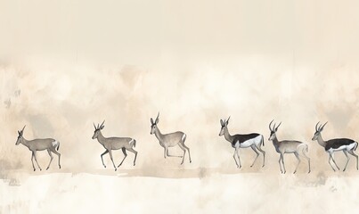 Sticker -  a group of antelope walking across a snow covered field in front of a foggy sky and a light colored wall behind them.  generative ai