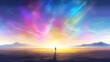 an impressive shining radiant sky with different colors and a small girl watching it, magical wallpaper, ai generated image