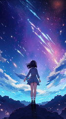 Wall Mural - a beautiful freedom inspired anime artwork of a woman standing at the top of a hill watching the universe, vertical artwork, ai generated image