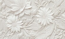  A Close Up Of A White Wall With Flowers On The Wall And Leaves On The Wall And A Bird On Top Of The Wall,.  Generative Ai