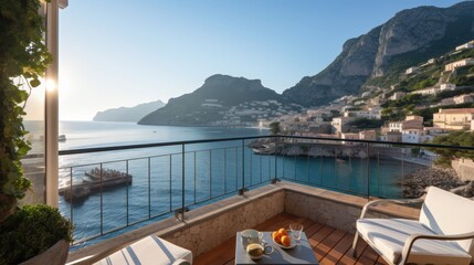 Luxurious villa nestled along the breathtaking Amalfi Coast of Italy, with panoramic views of the sparkling Mediterranean Sea and cliffside terraces