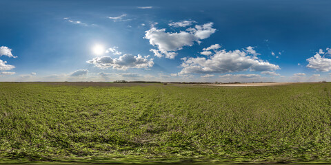 Wall Mural - spherical 360 hdri panorama among green grass farming field with clouds on blue sky with sun in equi