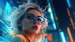 © Gustavo - Women wearing eyeglasses futuristic neon fancy glamour beautiful cool eyewear accessories sunglasses Generative AI