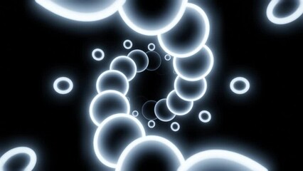 Poster - Glowing 3d spiral of balls. Design. Neon circles move in spiral stream on black background. Beautiful 3d spiral with neon circles