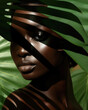 © TRINETTE + CHRIS - Beauty portrait of Black woman with nature palm leaf shadows. Generative AI.