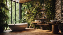 A Nature-inspired Bathroom With Earthy Tones, Featuring A Stone Accent Wall, A Rainfall Showerhead, And A Deep Wooden Soaking Tub Surrounded By Lush Greenery Generative AI