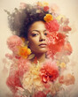 © TRINETTE + CHRIS - Dreamy fashion beauty portrait of mixed race woman with flowers. Generative AI
