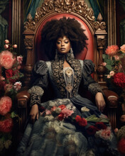 Portrait Of Black Woman Queen On Throne. 