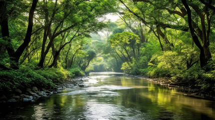 serene forest river with mirror-like reflections - generative ai