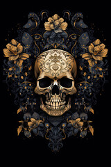 Wall Mural - Golden Skull & Flowers - Generative AI