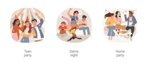 Poster - Teen party isolated cartoon vector illustration set. Diverse teenagers dancing, having fun, boys and girls grimacing, game night, play together, friends at home party, celebration vector cartoon.