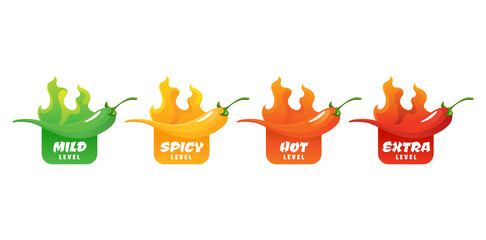 Spicy level. Hot chili pepper icons set with flame and color rating of mild, medium hot and extra hot. Level of pepper sauce or snack food