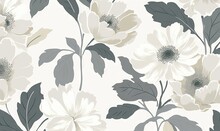  A White And Gray Floral Wallpaper With Leaves And Flowers On It's Sides And A Gray And White Flower Pattern On The Back Of The Wall.  Generative Ai
