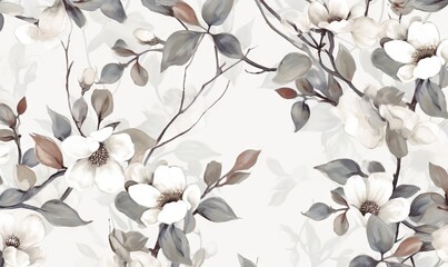 a white and gray floral wallpaper with leaves and flowers on it's sides and a white background with 