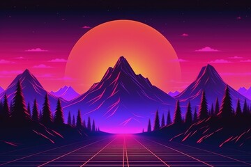 Wall Mural - a sunset scene with mountains and tracks in the foreground, generative AI