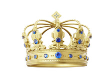 3d Royal Golden Crown With Blue Diamonds On Isolated Background. Textured King Gold Crown. 3d Rendering Illustration..