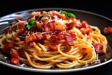 Spaghetti alla Amatriciana with pancetta bacon, tomatoes and pecorino cheese | Generative AI 