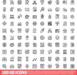 Poster - 100 ad icons set. Outline illustration of 100 ad icons vector set isolated on white background