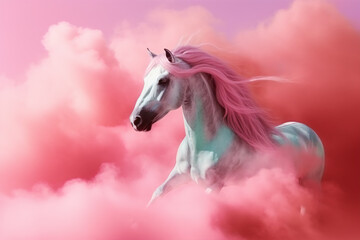  Beautiful horse running through pastel pink clouds. Creative abstract idea. Love and freedom concept. Illustration. Generative AI.