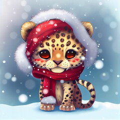 Canvas Print - Illustration of a cartoon cute baby leopard in a hat and scarf against the snowy background