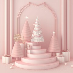 Poster - Illustration of the Christmas tree with presents and balloons on empty background in pastel pink