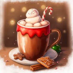 Sticker - Illustration of the Christmas hot chocolate with marshmallows on blurred background