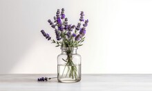  A Glass Vase Filled With Purple Flowers Sitting On A Counter Top Next To A White Wall With A Shadow Of A Wall In The Background.  Generative Ai