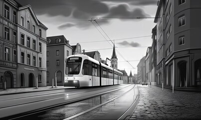 Sticker -  a black and white photo of a train on the tracks in a city with buildings and a clock tower in the distance, with a cloudy sky in the background.  generative ai