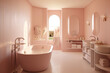 luxury modern bathroom with pink walls and a free standing bathtub. generative ai