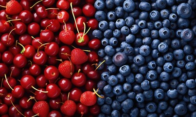 Poster -  a bunch of blueberries and strawberries next to each other with a red berry in the middle of the picture and a blue berry in the middle of the picture.  generative ai