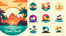 Summer Beach Island With Palm Trees In The Ocean. Vector Emblem Of Travel, Holiday, Resort. Vector Logo Collection.