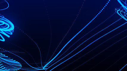Poster - Dynamic wave of glowing particles. Data flow information. Concept of digital communication. Technology or Science Banner. Big data visualization. 3D rendering.