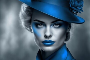 Wall Mural - pretty woman in blue costume with hat and blue lips created with Generative AI technology