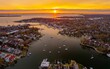 Aerial shot of Annapolis harbor and Chesapeake Bay at sunset.