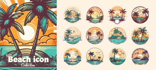 Wall Mural - Summer beach island with palm trees in the ocean. Vector emblem of travel, holiday, resort. Vector Logo collection.