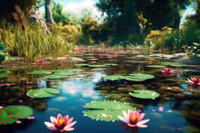 Capture The Essence Of Tranquility—a Serene Pond Adorned With Lily Pads, Its Surface Kissed By Gentle Ripples. Generative AI  