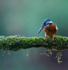 Wall Mural - Closeup shot of a kingfisher bird perched on a mossy green branch