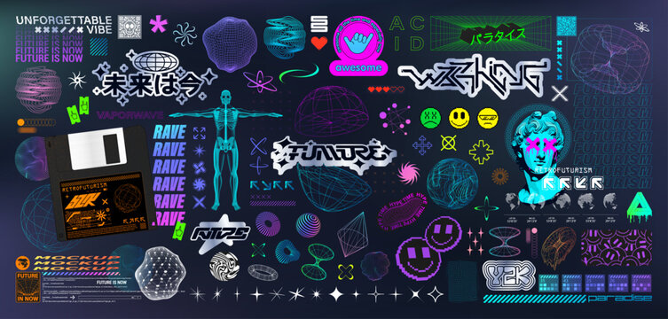 Wall Mural -  - Elements set in Y2K, retrowave style. Universal geometric shapes, trippy and psychedelic elements, 3D spheres, wireframe with glitch effect. Translation from Japanese: the future is now, paradise