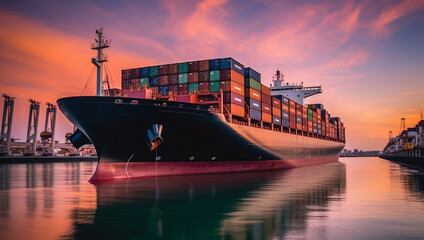 Cargo new ship carrying container and running for export goods from cargo yard port to other ocean concept freight shipping ship on blue sky background.