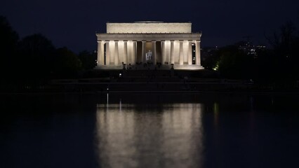 Poster - Illuminated Lincoln Memorial reflected in the waters of a pond during the dark nighttime