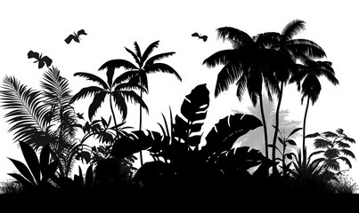  a black and white photo of a tropical scene with palm trees and birds flying over the top of the tree tops and below the trees.  generative ai