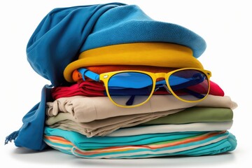 Wall Mural - A stack of folded clothing on a white background. Brightly colored summer clothing and accessories. Generative AI