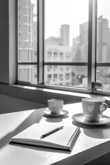 Wall Mural - A cup of coffee and a notebook on a table. Generative AI image.